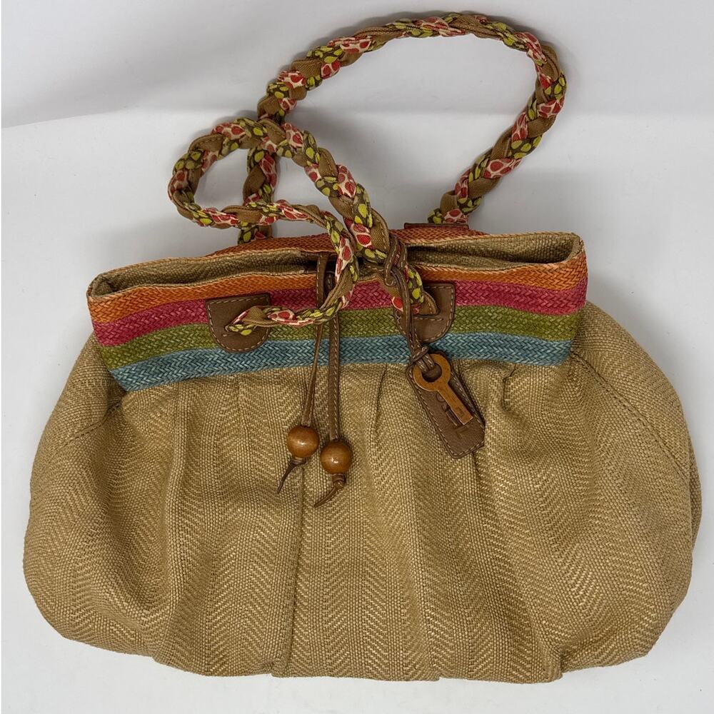 Y2K Fossil Large Woven Straw Bag Boho Braided Handle Satchel Purse Boho Hippie
